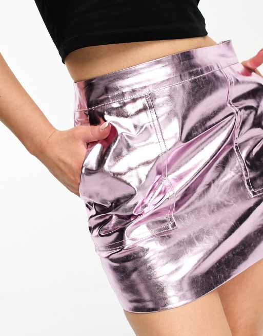 4th & Reckless Petite exclusive metallic leather look mini skirt in pink