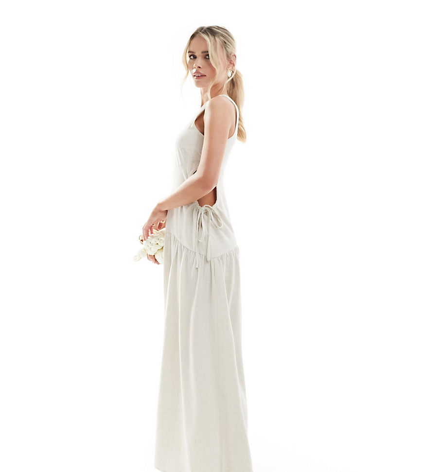 4th & Reckless Petite exclusive one shoulder dropped hem cut out maxi dress in cream-White
