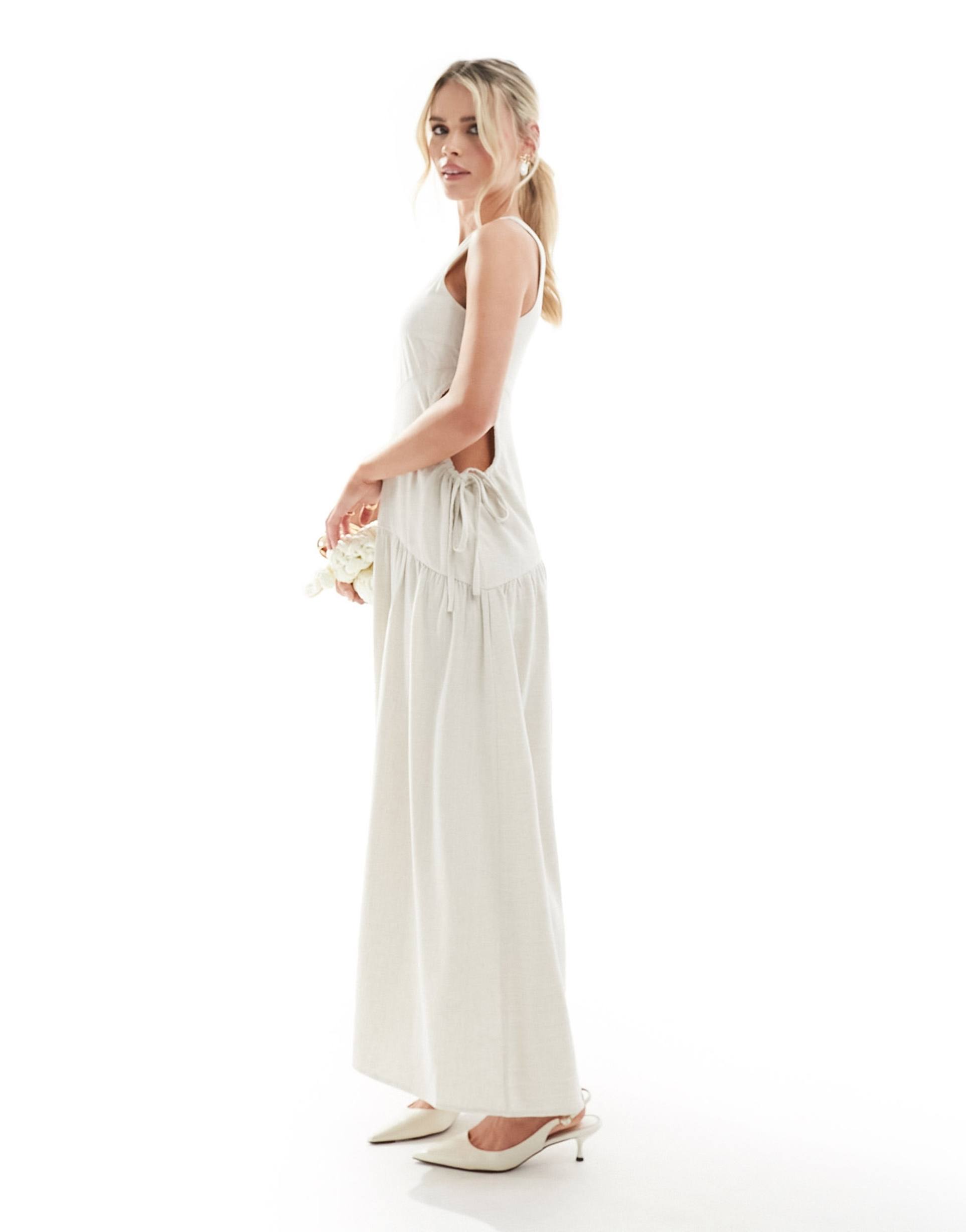 4th & reckless petite exclusive one shoulder dropped hem cut out maxi dress in cream