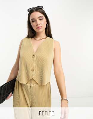 4th & Reckless Petite exclusive plisse waistcoat co-ord in camel-Neutral