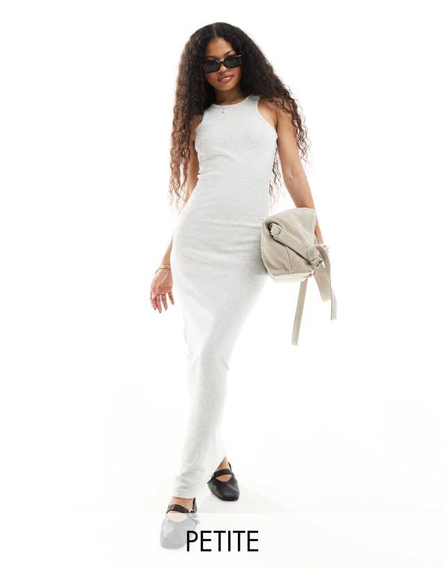 4th & Reckless Petite - exclusive premium ribbed embroidered logo racerneck maxi dress in grey