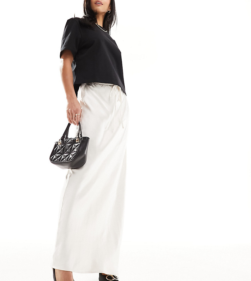 exclusive satin drawstring waist maxi skirt in cream-White
