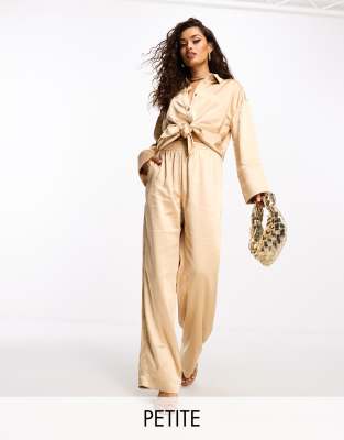 4th & Reckless Petite exclusive satin wide leg pants in camel (part of a set)