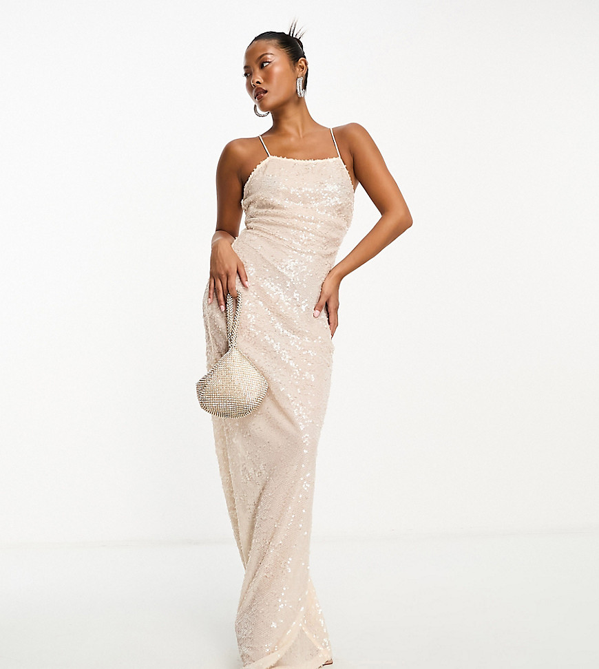 4th & Reckless Petite exclusive sequin square neck low cross back maxi dress in cream-White