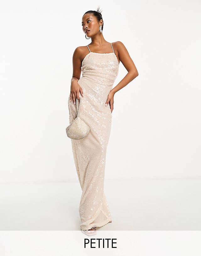 4th & Reckless Petite - exclusive sequin square neck low cross back maxi dress in cream