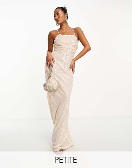 4th Reckless Petite exclusive sequin square neck low cross back maxi dress in cream