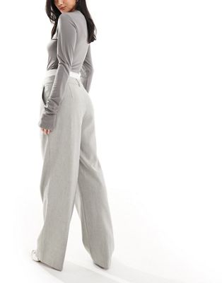 4th & Reckless Petite exclusive tailored boxer waist detail wide leg pants  in gray