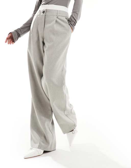 4th & Reckless Petite exclusive tailored boxer waist detail wide leg pants  in gray