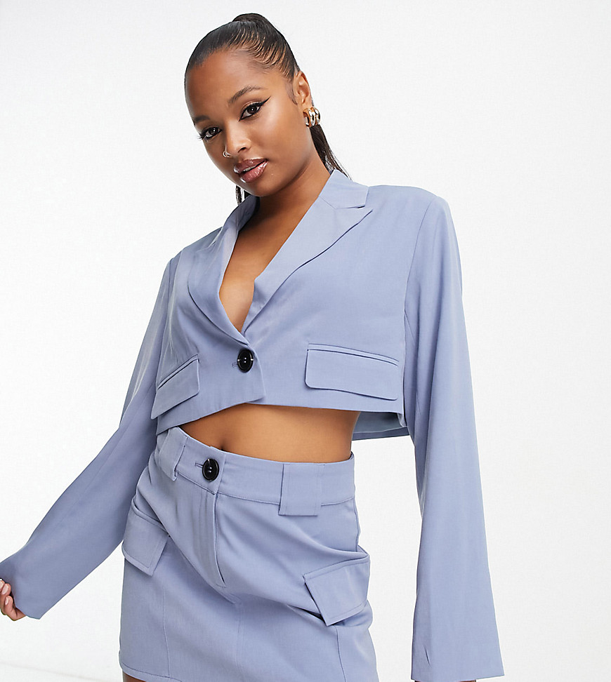 exclusive tailored cropped blazer in dusty blue - part of a set