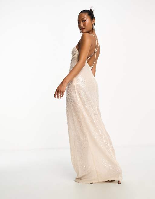 Femme Robe Longue Décolleté en Coeur Bretelles Paillettes Doux