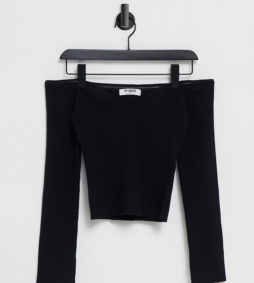 4th & Reckless Petite Knit Off Shoulder Plunge Sweater In Black
