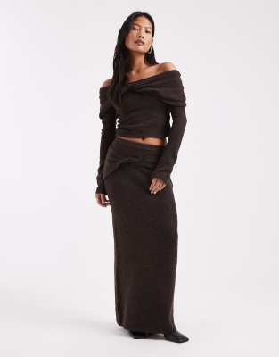 4th & Reckless Petite knit twist detail off-shoulder sweater and maxi skirt set in chocolate