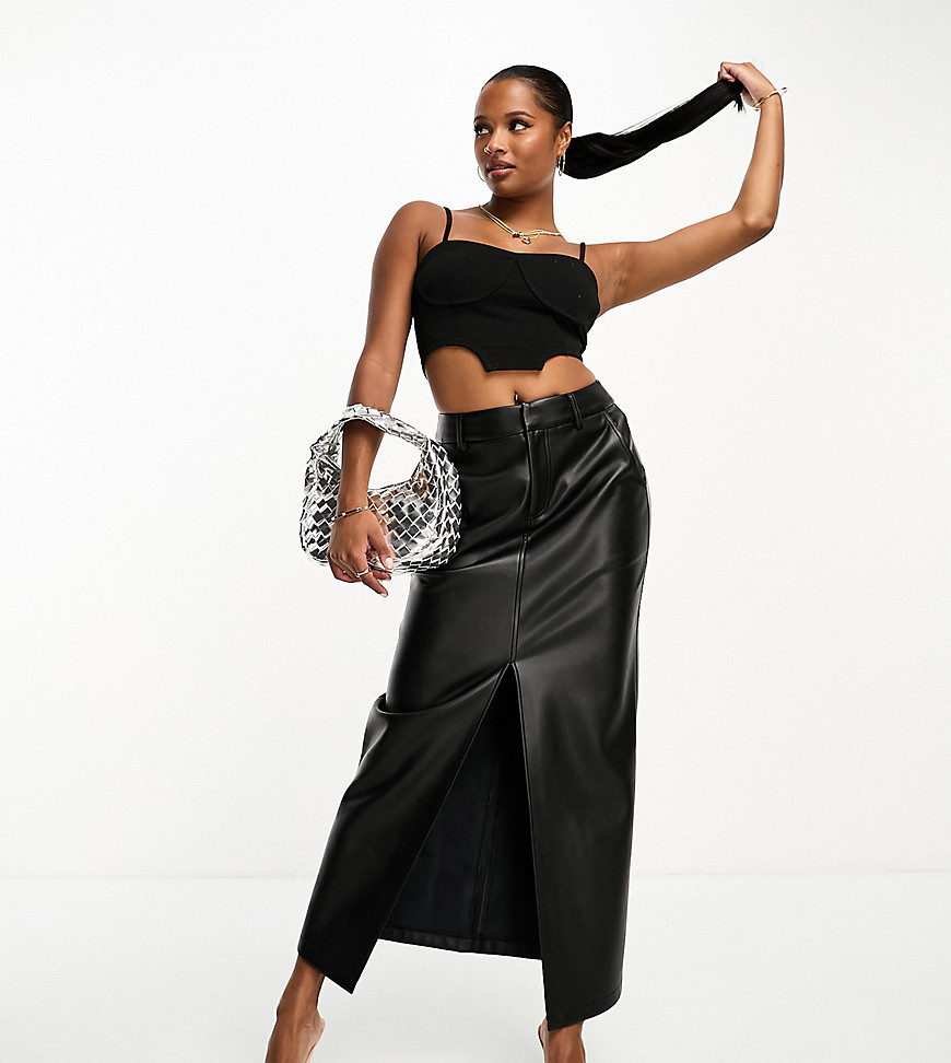 4th & Reckless Petite Leather Look Front Spilt Maxi Skirt In Black