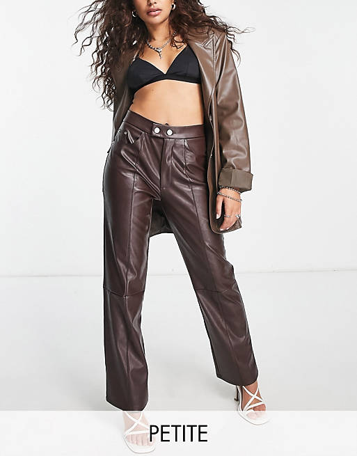 4th & Reckless Petite leather look straight leg pants in deep brown