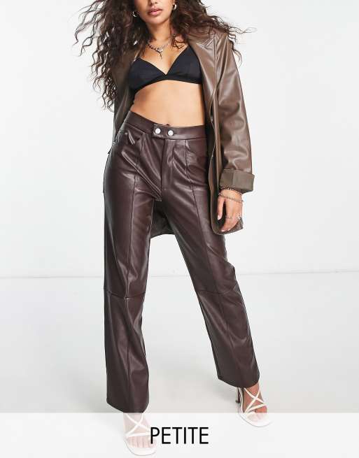 4th u0026 Reckless Petite leather look straight leg trousers in deep brown |  ASOS