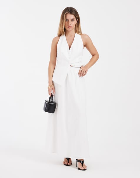 4th & Reckless Petite linen blend halterneck vest and maxi skirt set in white - view 1