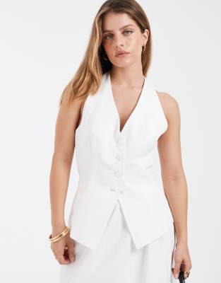 4th & Reckless Petite Linen Blend Halterneck Vest In White