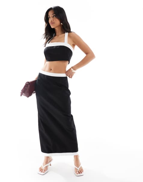 4th & Reckless Petite linen look contrast edge maxi skirt and bandeau top co-ord in mono - view 1