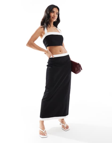 4th & Reckless Petite linen look contrast edge maxi skirt co-ord in mono - view 1
