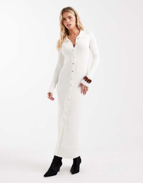 4th & Reckless Petite – Maxikleid aus fein geripptem Strick in Cremeweiß mit Knopfleiste und Kragendetail - view 1