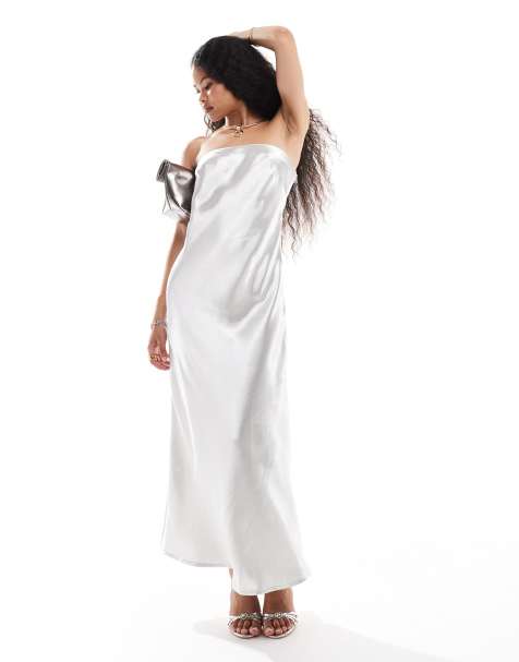 4th & Reckless Petite metallic satin bandeau fishtail maxi dress in metallic - view 1