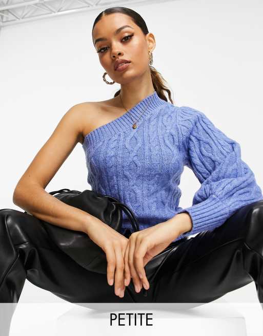 4th Reckless Petite one shoulder cable knit sweater in blue ASOS