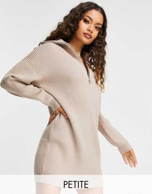 4th & Reckless Petite open collar knitted sweater dress in beige