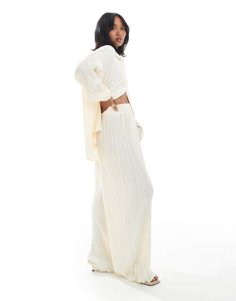 4th & Reckless Petite plisse collared button through lettuce edge hem shirt and wide leg pants set in cream - view 1