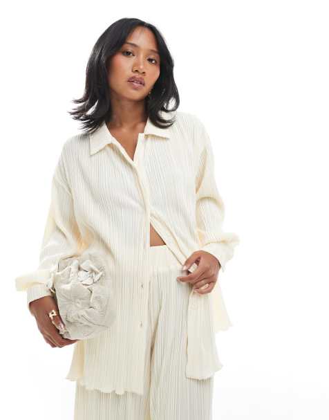 4th & Reckless Petite plisse collared button through lettuce edge hem shirt co-ord in cream - view 1