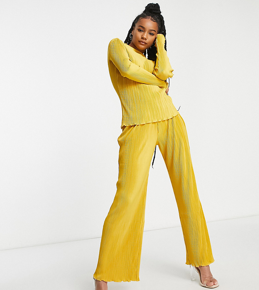 plisse flared pants in mustard - part of a set-Gold