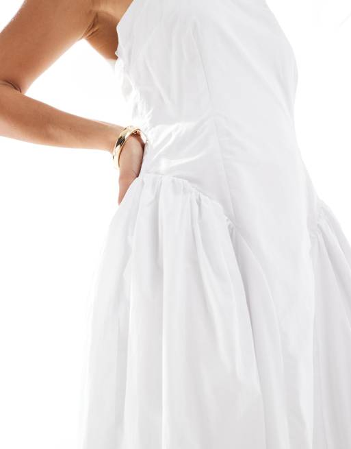 4th & Reckless Petite poplin square neck halterneck drop waist puff skirt maxi dress in white