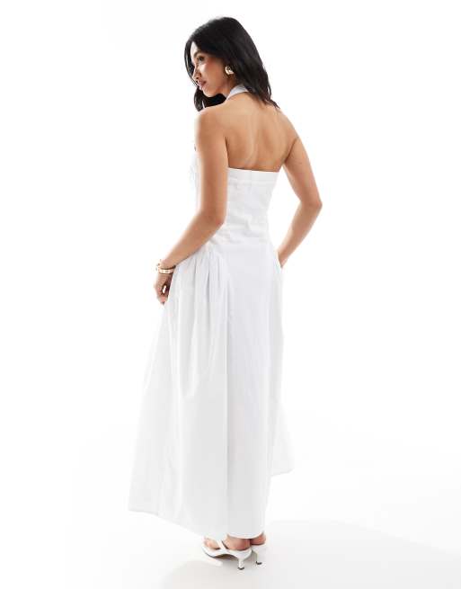 4th & Reckless Petite poplin square neck halterneck drop waist puff skirt maxi dress in white