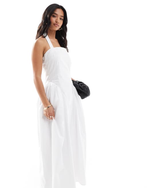 4th & Reckless Petite poplin square neck halterneck drop waist puff skirt maxi dress in white