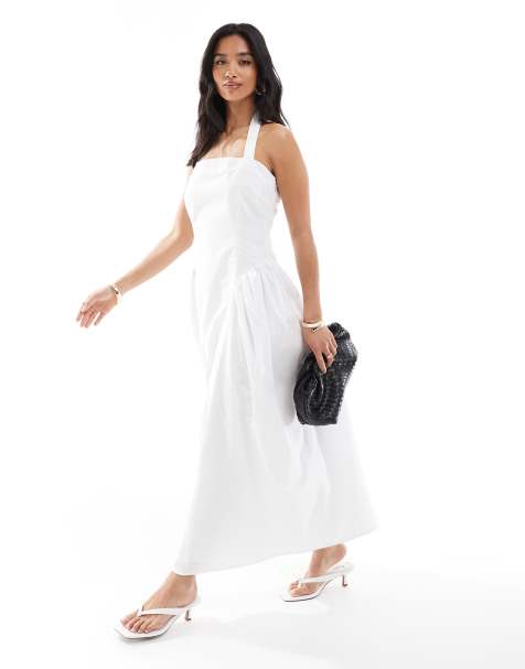 4th & Reckless Petite - Robe longue en popeline à encolure carrée nouée autour du cou avec taille basse et jupe bouffante - Blanc - view 1