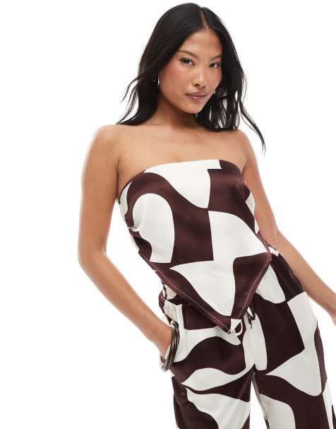 4th & Reckless Petite satin cropped bandeau scarf top co-ord in brown geo print