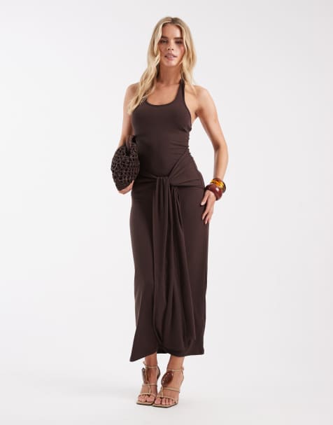 4th & Reckless Petite soft jersey scoop neck halterneck drape tie front maxi dress in chocolate - view 1