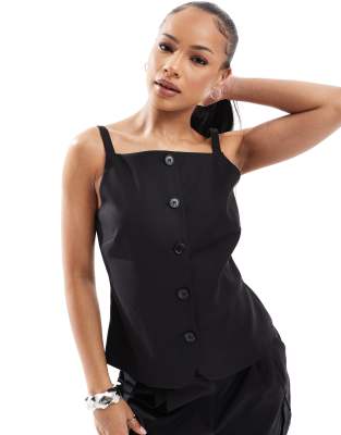 square neck sleeveless button through vest in black - part of a set