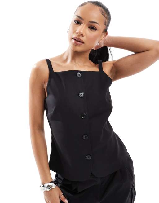 4th & Reckless Petite square neck sleeveless button through waistcoat in black (part of a set)