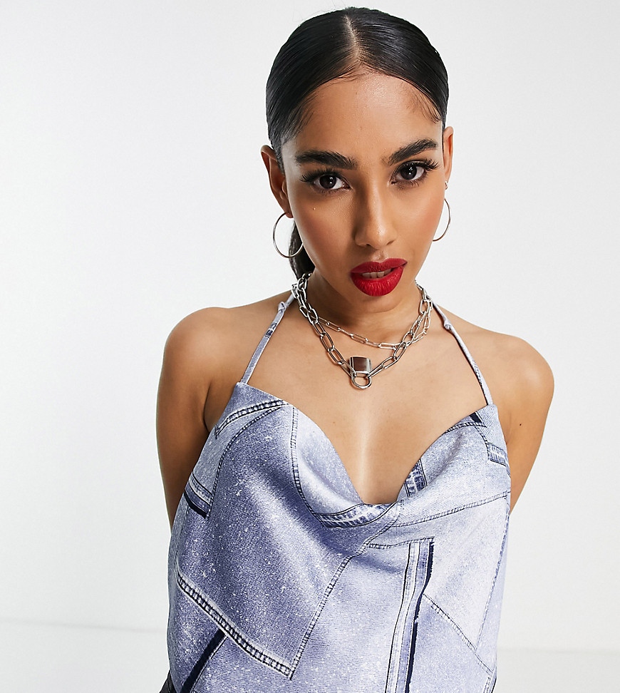 4th & Reckless Petite strappy back satin top in denim print-Blue