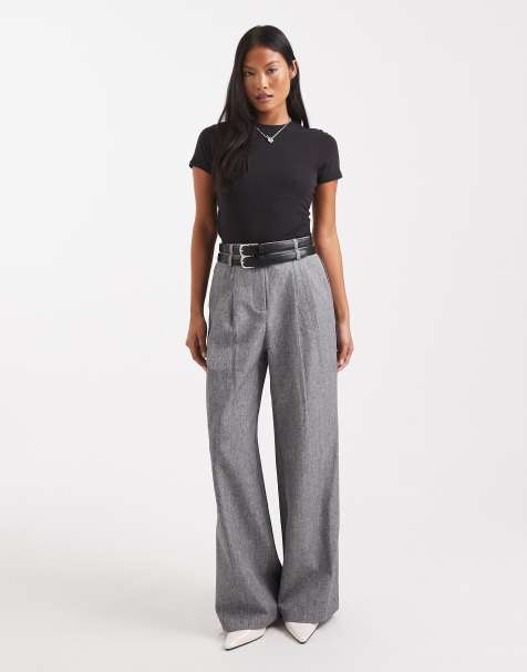 4th & Reckless Petite double belt detail wide leg tailored trousers in grey