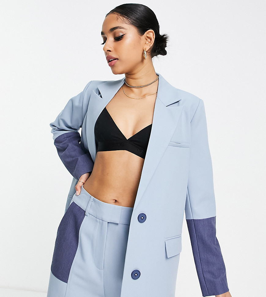 4Th & Reckless Petite Tailored Suit Jacket Co Ord In Colour Block Blue
