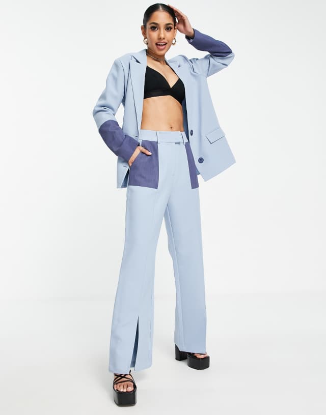 4th & Reckless Petite tailored suit jacket in color block blue - part of a set 2