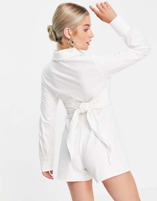 4th Reckless Petite tie front playsuit in white