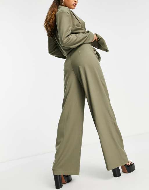 4th & Reckless Petite wide leg pants with button detail in olive - part of a set, 2 of 4