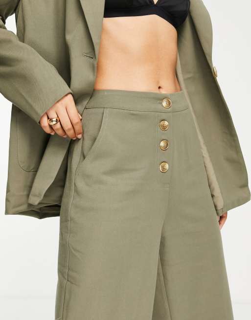 4th & Reckless Petite wide leg pants with button detail in olive - part of a set, 3 of 4