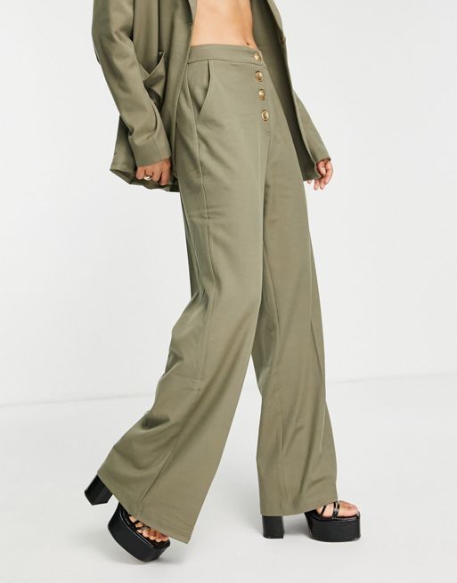 4th & Reckless Petite wide leg pants with button detail in olive