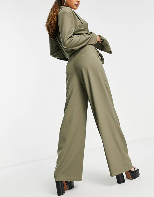  4th & Reckless Petite wide leg trousers with button detail co ord in olive 