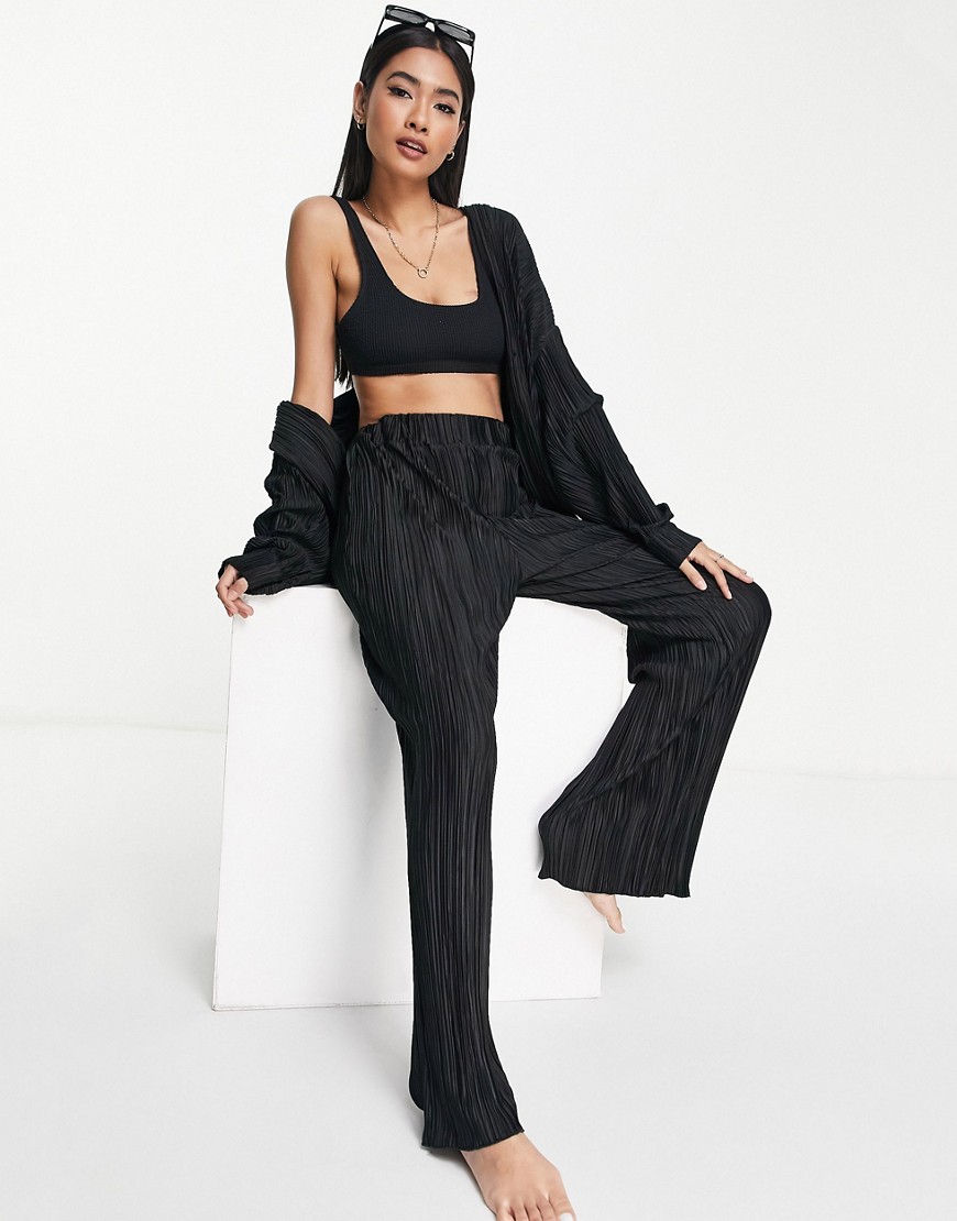 4th & Reckless plisse beach trouser co-ord in black