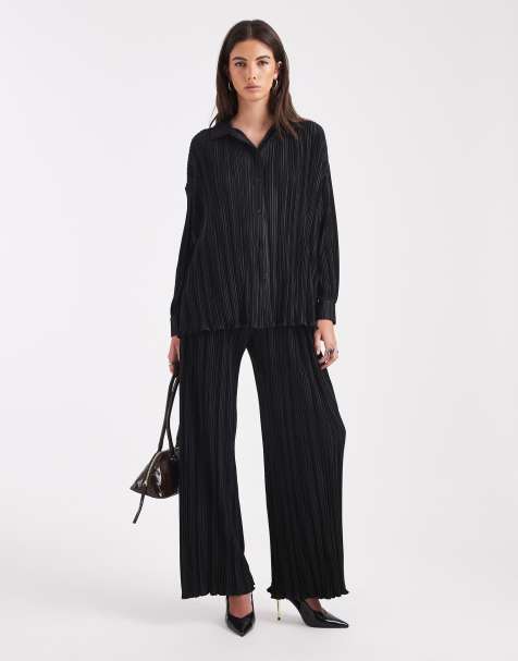 4th & Reckless plisse collared button through lettuce edge hem shirt and wide leg trousers co-ord in black - view 1