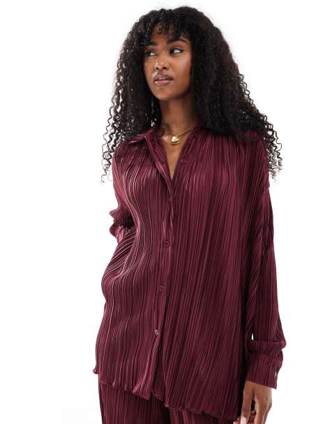4th & Reckless plisse collared button through lettuce edge hem shirt co-ord in burgundy - view 1